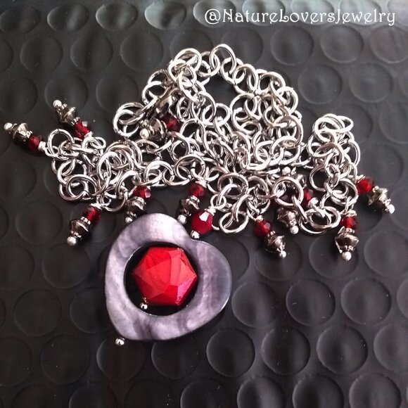 Gray Shell Heart & Red Crystals! Sexy Goth Mistress Witchy Statement Necklace - Picture 2 of 11
